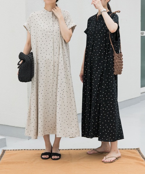 セール】リネンレーヨンドットフレアワンピース（ワンピース