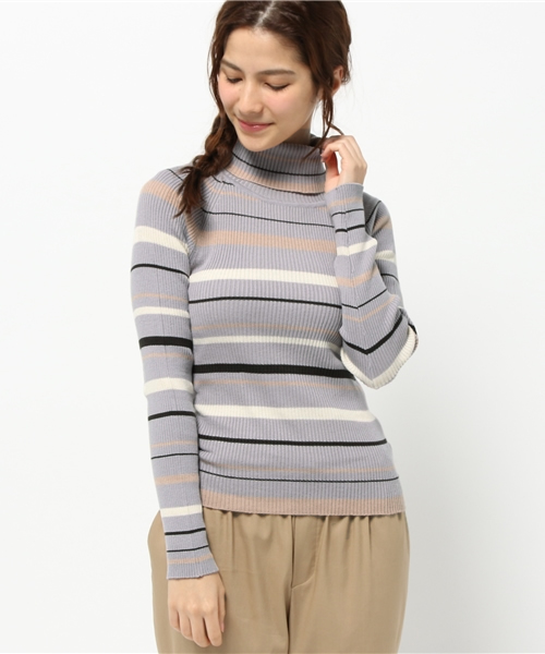 Chico（チコ）の「【who's who Chico】マルチボーダーリブハイネックニット（ニット/セーター・レディース・カーキ/ベージュ/グレー/クリーム・FREE）」の2枚目の写真