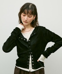 Multi button Velore crew neck cardigan / マルチ釦ベロアクルーネックカーディガン
