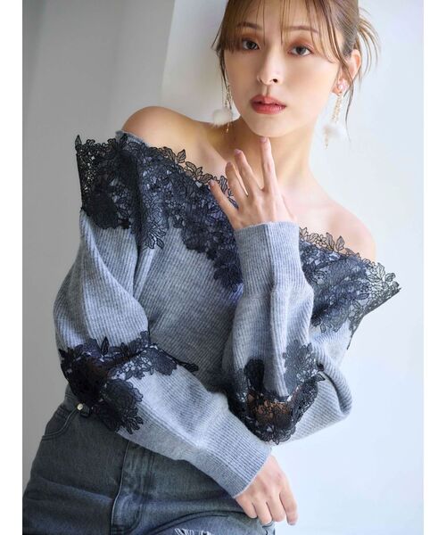 オフショルレースカットアウトニット（ニット/セーター）｜MERCURYDUO