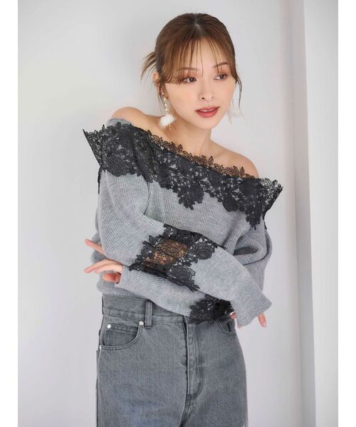 オフショルダー レース装飾 ニットセーター レースオフショルダーニットトップス[dr689] | レディースファッション