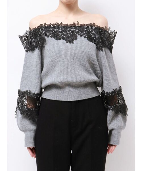 オフショルダー レース装飾 ニットセーター レースオフショルダーニットトップス[dr689] | レディースファッション