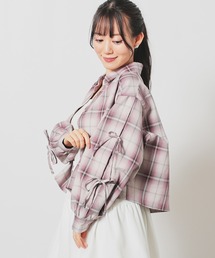 袖リボンチェックシャツ