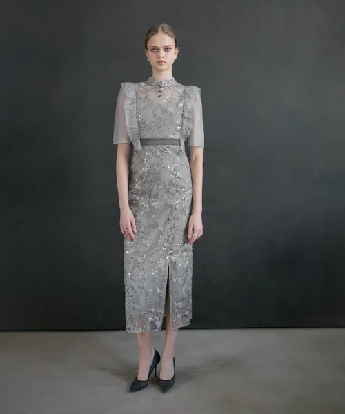 LEJA】フラワースパンコールシアーフリルIラインワンピース