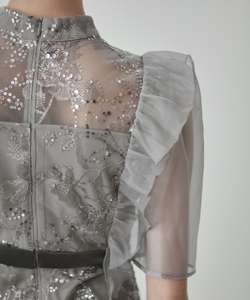 LEJA】フラワースパンコールシアーフリルIラインワンピース