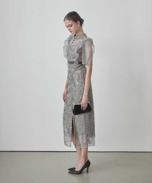 LEJA スパンコールフラワーIラインワンピースドレス グレー　M 当日発送】スパンコールフラワーIラインワンピース結婚式ドレス