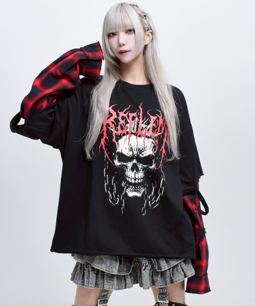 REFLEM(レフレム)の「『REFLEM/レフレム』レイヤ―ドチェックL/S Tee/ロングスリーブカットソー(Tシャツ/カットソー・レディース・ブラック×ブルー/ブラック×レッド/ブラック×ホワイト・FREE)」の2枚目の写真