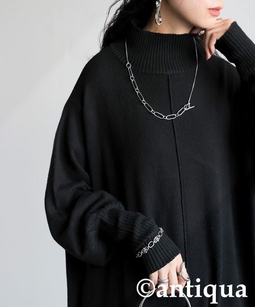 【エースアンドレア】美品♡ニットワンピース モックネック ロゴ 168S カーキ セール】マシュマロタッチニットワンピース（ワンピース