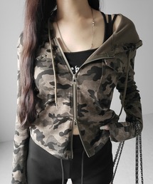 me+em select(~[ZNg)́y Qcolor zBe[WJt_uWbvJbgp[J[ ^ vintage camouflage double zip cut hoodie(p[J[)