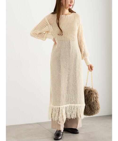 Te chichi（テチチ）の「フリンジメッシュニットワンピース《2025Autumn catalog vol.2 item》（ワンピース・レディース・モカ/オフホワイト・F）」の2枚目の写真