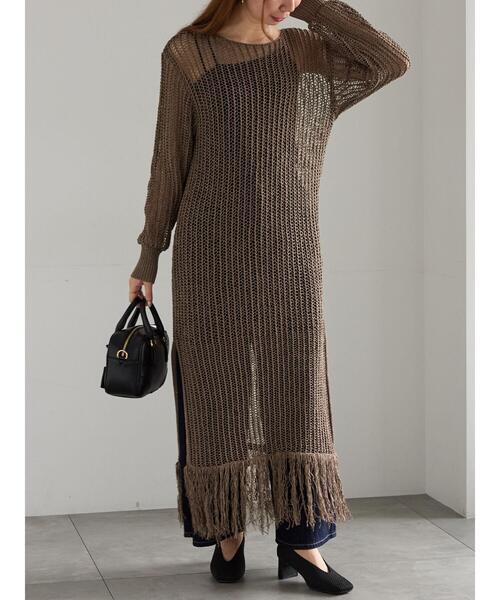 Te chichi（テチチ）の「フリンジメッシュニットワンピース《2025Autumn catalog vol.2 item》（ワンピース・レディース・モカ/オフホワイト・F）」の5枚目の写真
