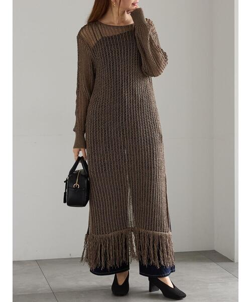 Te chichi（テチチ）の「フリンジメッシュニットワンピース《2025Autumn catalog vol.2 item》（ワンピース・レディース・モカ/オフホワイト・F）」の6枚目の写真
