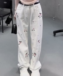 花柄刺 ラインストーン デニムパンツ