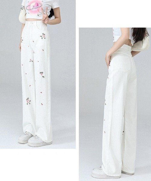 shoppinggo(ショッピングゴー)の「花柄刺 ラインストーン デニムパンツ(デニムパンツ・レディース・ホワイト・M)」の10枚目の写真