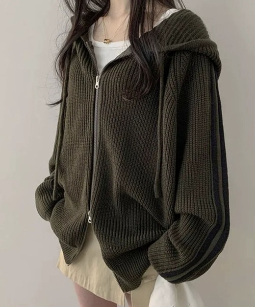 セール】ラインダブルジップニットパーカー（ニット/セーター