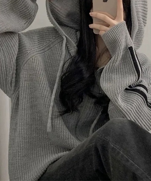 セール】ラインダブルジップニットパーカー（ニット/セーター