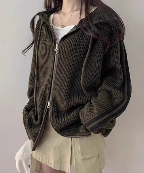 セール】ラインダブルジップニットパーカー（ニット/セーター