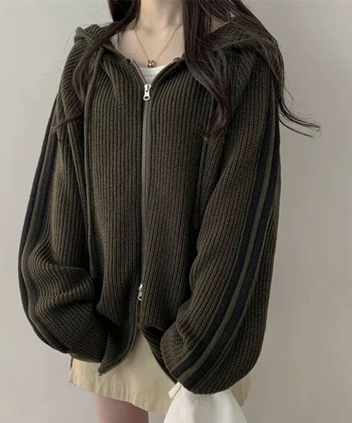 セール】ラインダブルジップニットパーカー（ニット/セーター