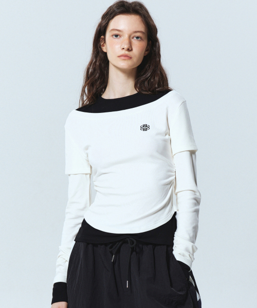 NICK&NICOLE(ニックアンドニコール)の「NICOLE SHRRING LAYERED SLEEVE TOP_WHITE BLACK(Tシャツ/カットソー・レディース・その他・FREE)」の1枚目の写真