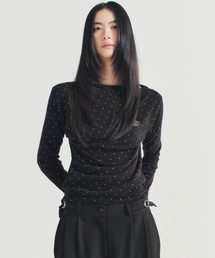 DOT SHIRRING DRAPE BOAT NECK TOP_BLACK