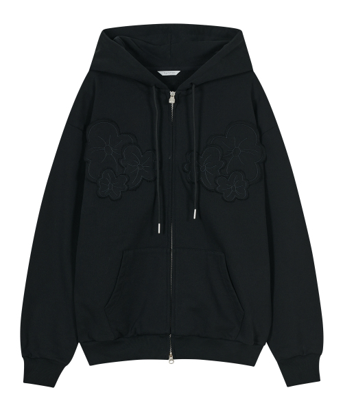 セール】フラワーアップリケジップフードパーカー[ブラック]（パーカー