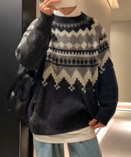 SHEPP(シープ)の「オーバーサイズノルディックニット(ニット/セーター・メンズ・ブルー/グレー/ブラック・M)」の11枚目の写真