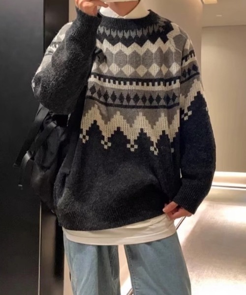 SHEPP(シープ)の「オーバーサイズノルディックニット(ニット/セーター・メンズ・ブルー/グレー/ブラック・M)」の16枚目の写真