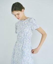 Neck Cut-Out Shirring Dress Light Blue