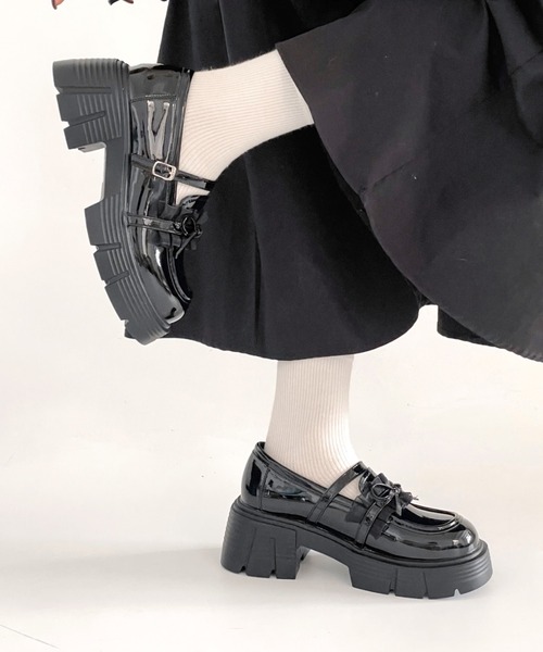 Shoes in Closet（シューズインクローゼット）の「軽量 厚底 チュール リボン メリージェーン ローファー 474（ローファー・レディース・アイボリー/ブラック・L/M/S/LL）」の8枚目の写真