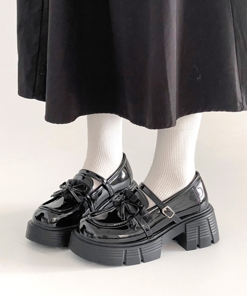 Shoes in Closet（シューズインクローゼット）の「軽量 厚底 チュール リボン メリージェーン ローファー 474（ローファー・レディース・アイボリー/ブラック・L/M/S/LL）」の9枚目の写真