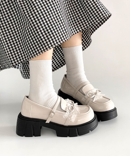 Shoes in Closet（シューズインクローゼット）の「軽量 厚底 チュール リボン メリージェーン ローファー 474（ローファー・レディース・アイボリー/ブラック・L/M/S/LL）」の15枚目の写真