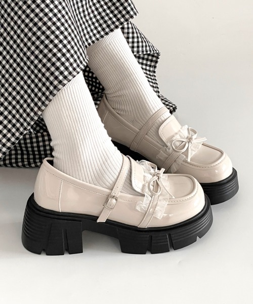 Shoes in Closet（シューズインクローゼット）の「軽量 厚底 チュール リボン メリージェーン ローファー 474（ローファー・レディース・アイボリー/ブラック・L/M/S/LL）」の17枚目の写真