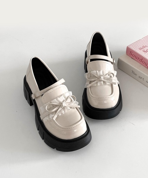 Shoes in Closet（シューズインクローゼット）の「軽量 厚底 チュール リボン メリージェーン ローファー 474（ローファー・レディース・アイボリー/ブラック・L/M/S/LL）」の19枚目の写真