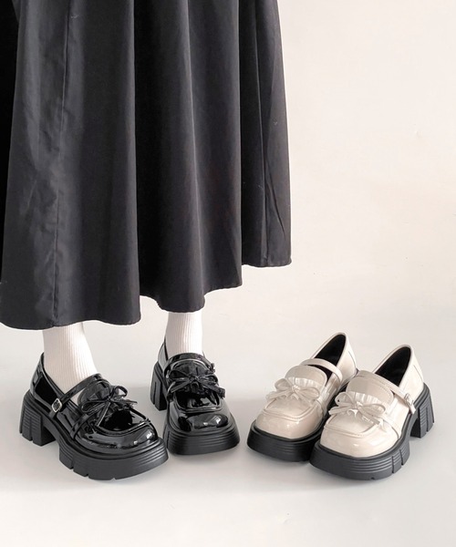 Shoes in Closet（シューズインクローゼット）の「軽量 厚底 チュール リボン メリージェーン ローファー 474（ローファー・レディース・アイボリー/ブラック・L/M/S/LL）」の21枚目の写真