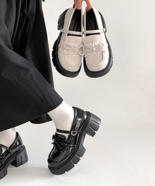 Shoes in Closet（シューズインクローゼット）の「軽量 厚底 チュール リボン メリージェーン ローファー 474（ローファー・レディース・アイボリー/ブラック・L/M/S/LL）」の22枚目の写真