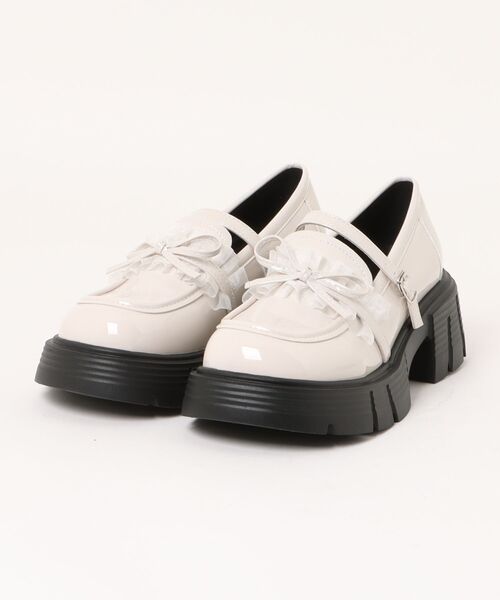 Shoes in Closet（シューズインクローゼット）の「軽量 厚底 チュール リボン メリージェーン ローファー 474（ローファー・レディース・アイボリー/ブラック・L/M/S/LL）」の3枚目の写真