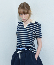COQUET（コケット）の「V-Neck Stripe Pique T-Shirt Navy（ポロシャツ）」