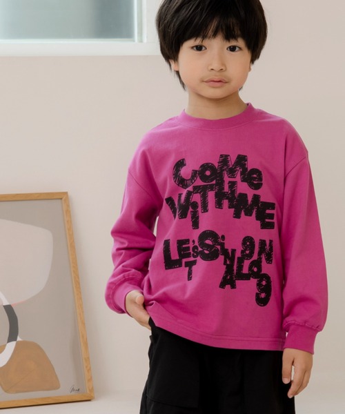 MAKE YOUR DAY（メイクユアデイ）の「手書きロゴ袖リブ長袖Tシャツ■80～140cm（Tシャツ/カットソー・キッズ・ピンク/オフホワイト・90/110/120/130/140/100）」の2枚目の写真