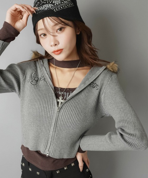 ギャルマインド全開☆ミックスファーフード付きタイトジップニット