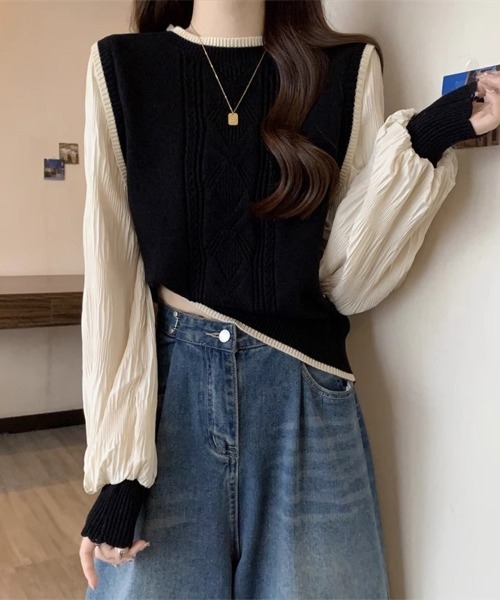 Flugge(フラッジー)の「バイカラーニットベスト(ベスト・レディース・ブラック/アイボリー/ホワイト・FREE)」の1枚目の写真