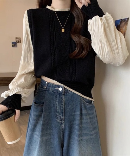 Flugge(フラッジー)の「バイカラーニットベスト(ベスト・レディース・ブラック/アイボリー/ホワイト・FREE)」の4枚目の写真
