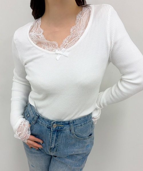 frunco(フランコ)の「【ZOZOTOWN限定】レース付きクルーネックリブニット(ニット/セーター・レディース・ホワイト/ピンク/ブラック/イエロー・FREE)」の1枚目の写真