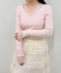【ZOZOTOWN限定】レース付きクルーネックリブニット