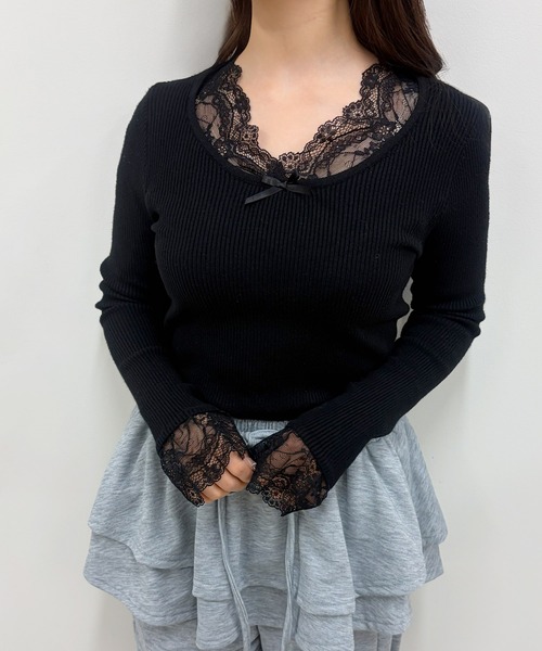 frunco(フランコ)の「【ZOZOTOWN限定】レース付きクルーネックリブニット(ニット/セーター・レディース・ホワイト/ピンク/ブラック/イエロー・FREE)」の2枚目の写真