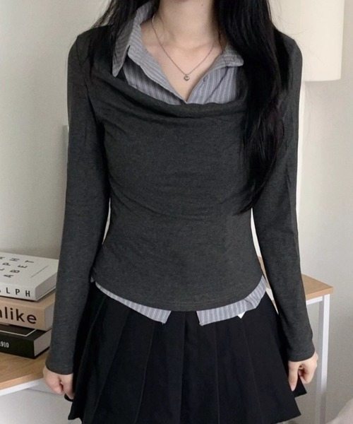 LADY LIKE(レディライク)の「【春夏新作】ストライプシャツレイヤード風ドレープトップス(Tシャツ/カットソー・レディース・チャコールグレー/グレー/ブラック・M)」の19枚目の写真