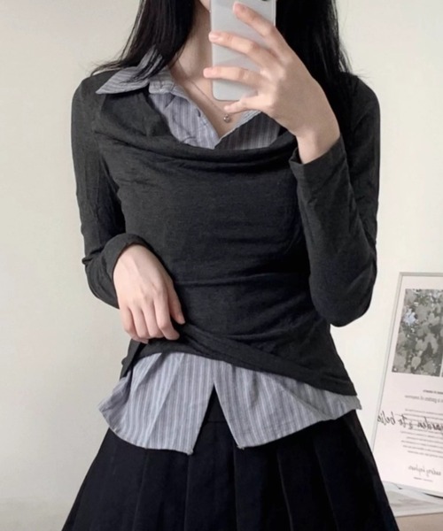 LADY LIKE(レディライク)の「【春夏新作】ストライプシャツレイヤード風ドレープトップス(Tシャツ/カットソー・レディース・チャコールグレー/グレー/ブラック・M)」の22枚目の写真