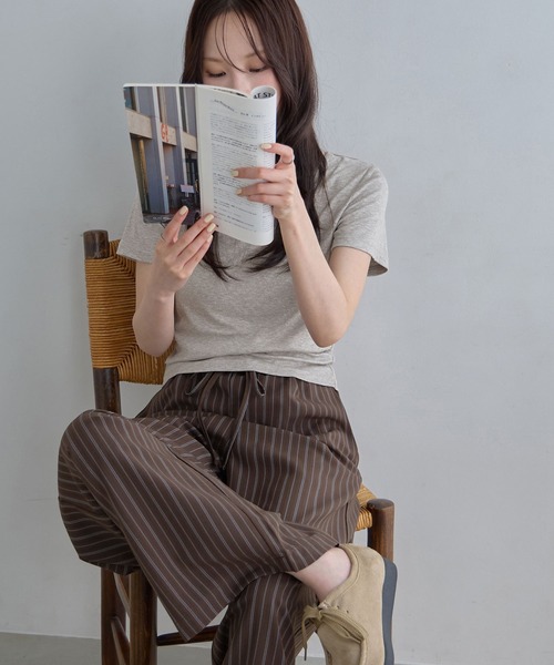 CHAN ME（チャンミ）の「ストライプタックワイドパンツ（スラックス・レディース・ブラウン/ブラック/グレー・MEDIUM/LARGE/X-LARGE）」の7枚目の写真