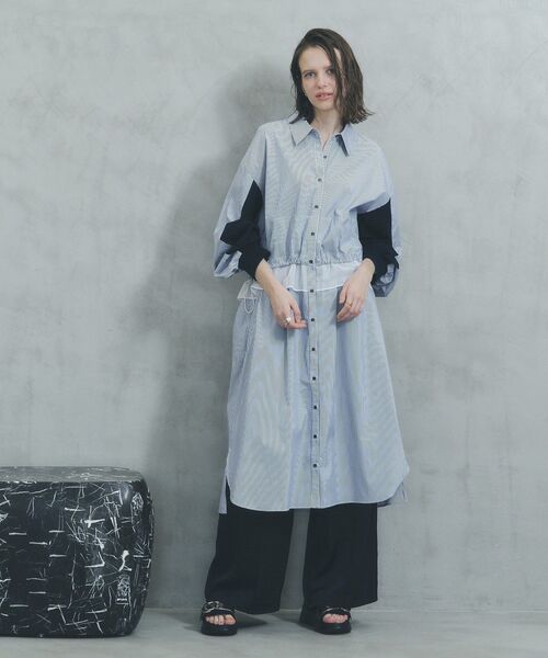 Editt by YECCA VECCA（エディットバイイェッカヴェッカ）の「シアーMIXドロストデザインシャツワンピース（シャツワンピース・レディース・ベージュ/ストライプ/カーキ・FREE）」の3枚目の写真
