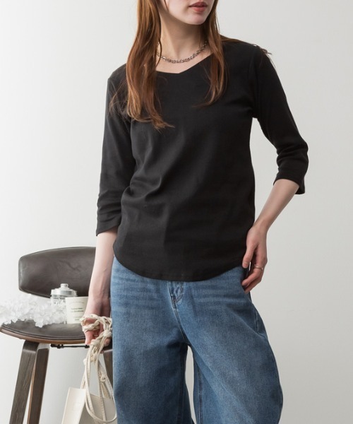 RCD(アールシーディー)の「Vネック七分袖プルオーバー(Tシャツ/カットソー・レディース・ブラック/カーキ/チャコールグレー/杢グレー/オフホワイト・M/L/LL/3L)」の9枚目の写真