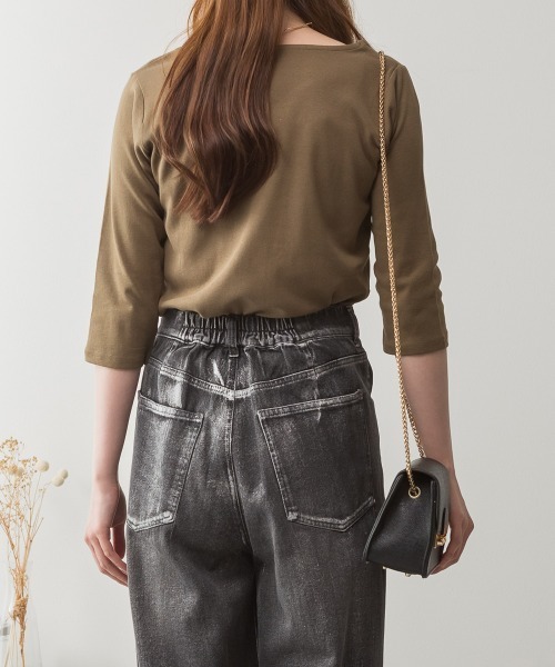 RCD(アールシーディー)の「Vネック七分袖プルオーバー(Tシャツ/カットソー・レディース・ブラック/カーキ/チャコールグレー/杢グレー/オフホワイト・M/L/LL/3L)」の18枚目の写真
